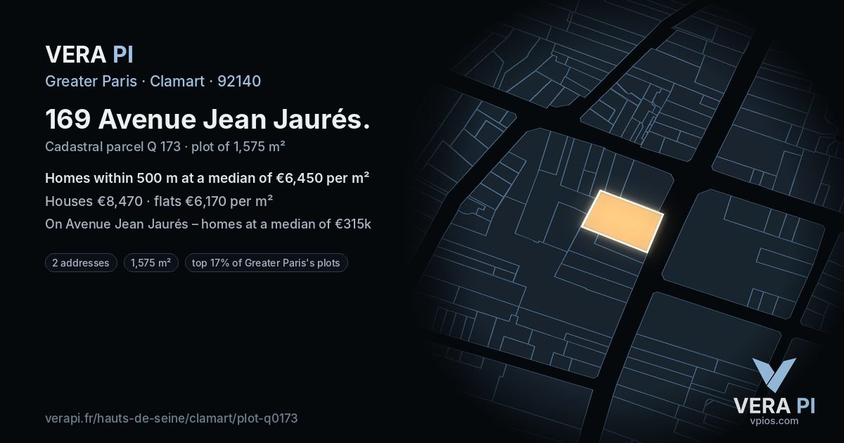 169 Avenue Jean Jaurés, Clamart at night – the plot lit, the parcels around coloured by the prices near them