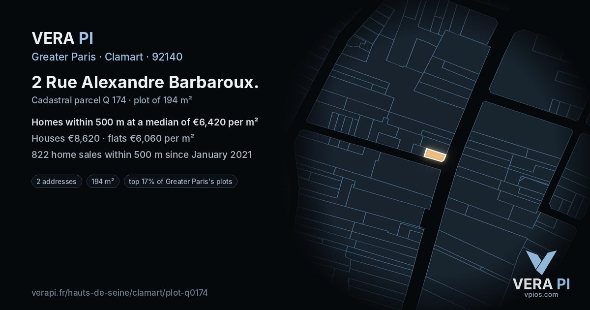 2 Rue Alexandre Barbaroux, Clamart at night – the plot lit, the parcels around coloured by the prices near them
