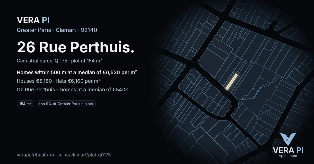 26 Rue Perthuis, Clamart at night – the plot lit, the parcels around coloured by the prices near them