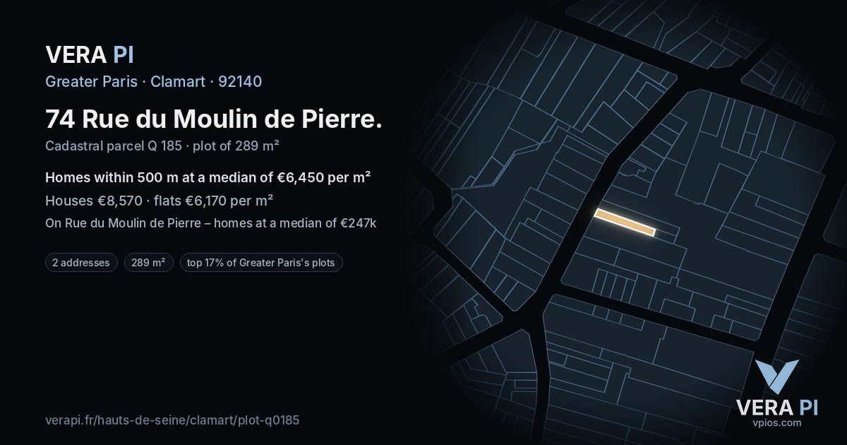 74 Rue du Moulin de Pierre, Clamart at night – the plot lit, the parcels around coloured by the prices near them