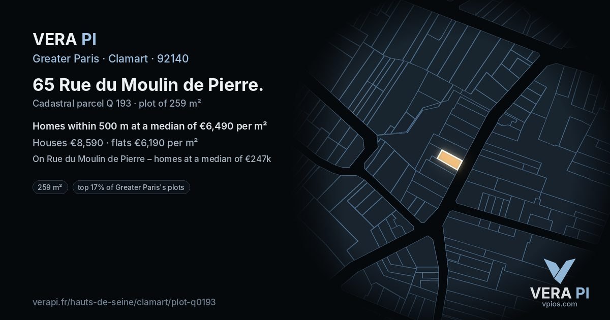 65 Rue du Moulin de Pierre, Clamart at night – the plot lit, the parcels around coloured by the prices near them