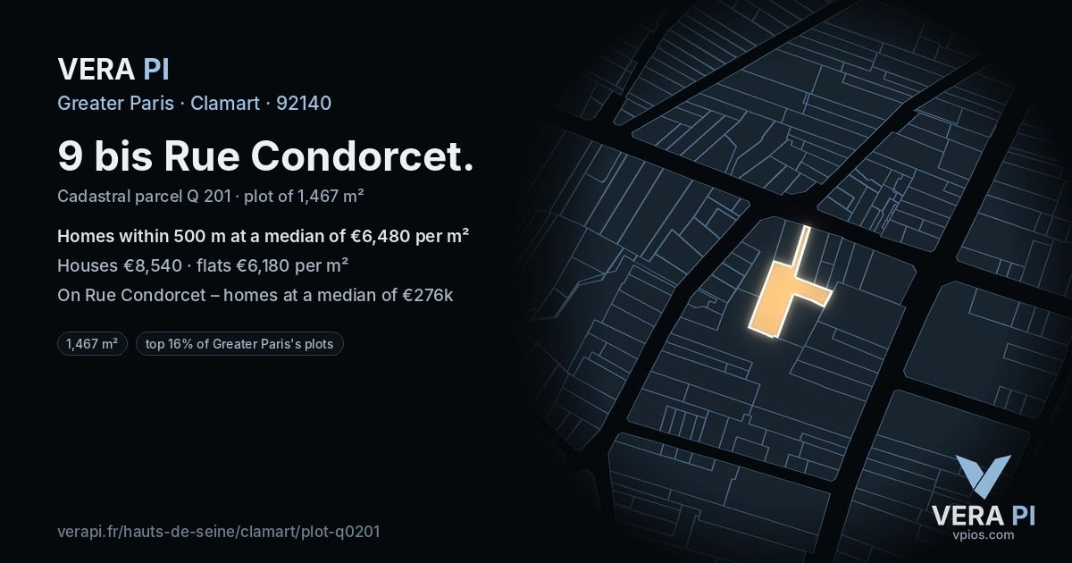 9 bis Rue Condorcet, Clamart at night – the plot lit, the parcels around coloured by the prices near them