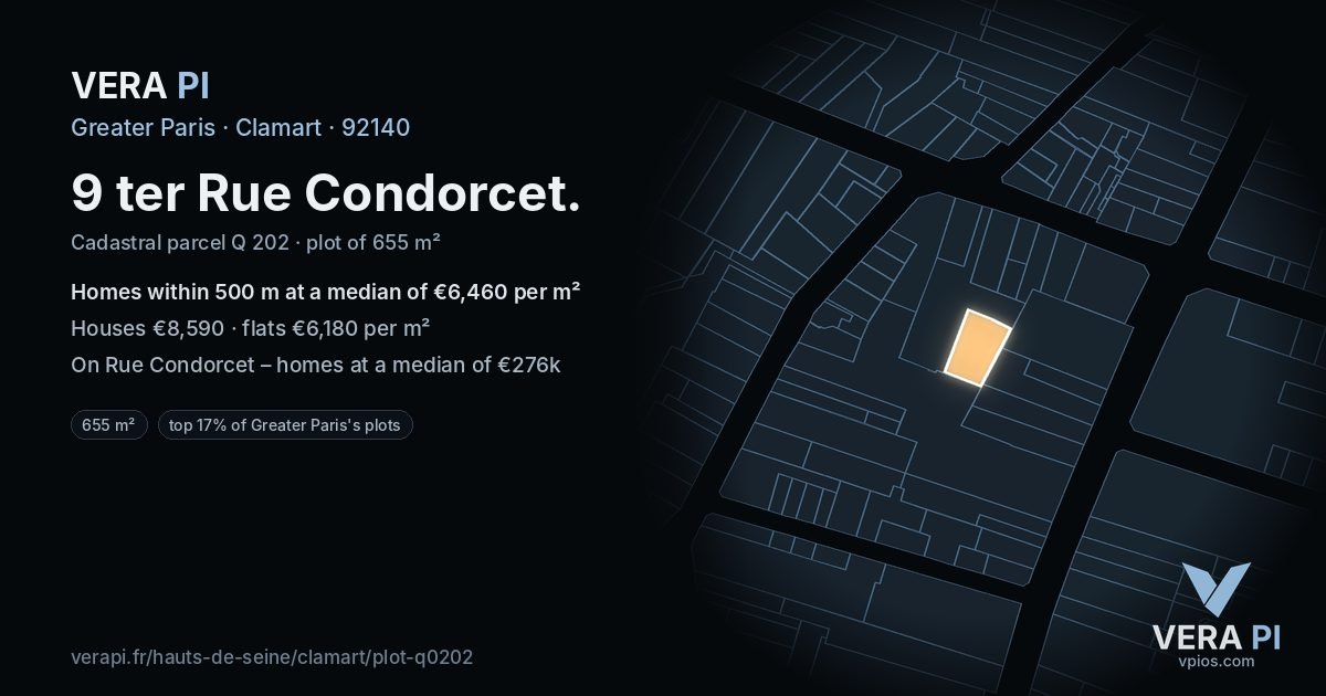 9 ter Rue Condorcet, Clamart at night – the plot lit, the parcels around coloured by the prices near them
