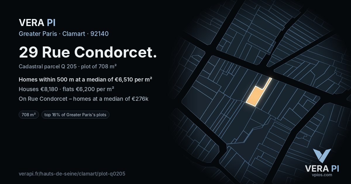 29 Rue Condorcet, Clamart at night – the plot lit, the parcels around coloured by the prices near them