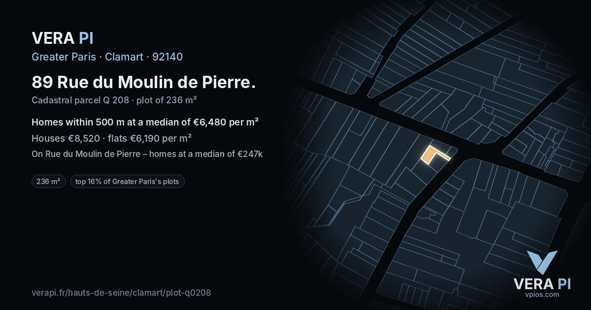 89 Rue du Moulin de Pierre, Clamart at night – the plot lit, the parcels around coloured by the prices near them