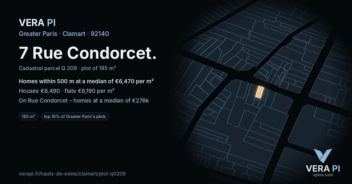 7 Rue Condorcet, Clamart at night – the plot lit, the parcels around coloured by the prices near them