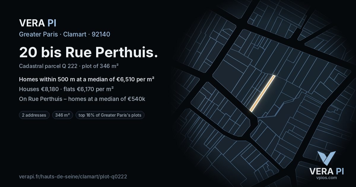 20 bis Rue Perthuis, Clamart at night – the plot lit, the parcels around coloured by the prices near them