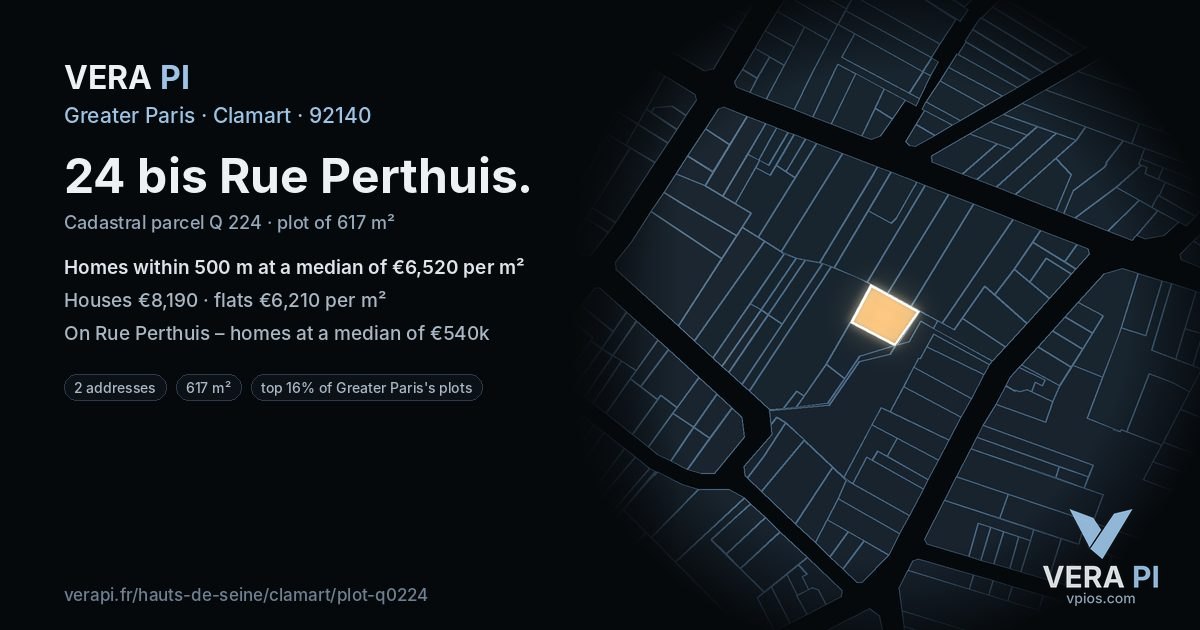 24 bis Rue Perthuis, Clamart at night – the plot lit, the parcels around coloured by the prices near them