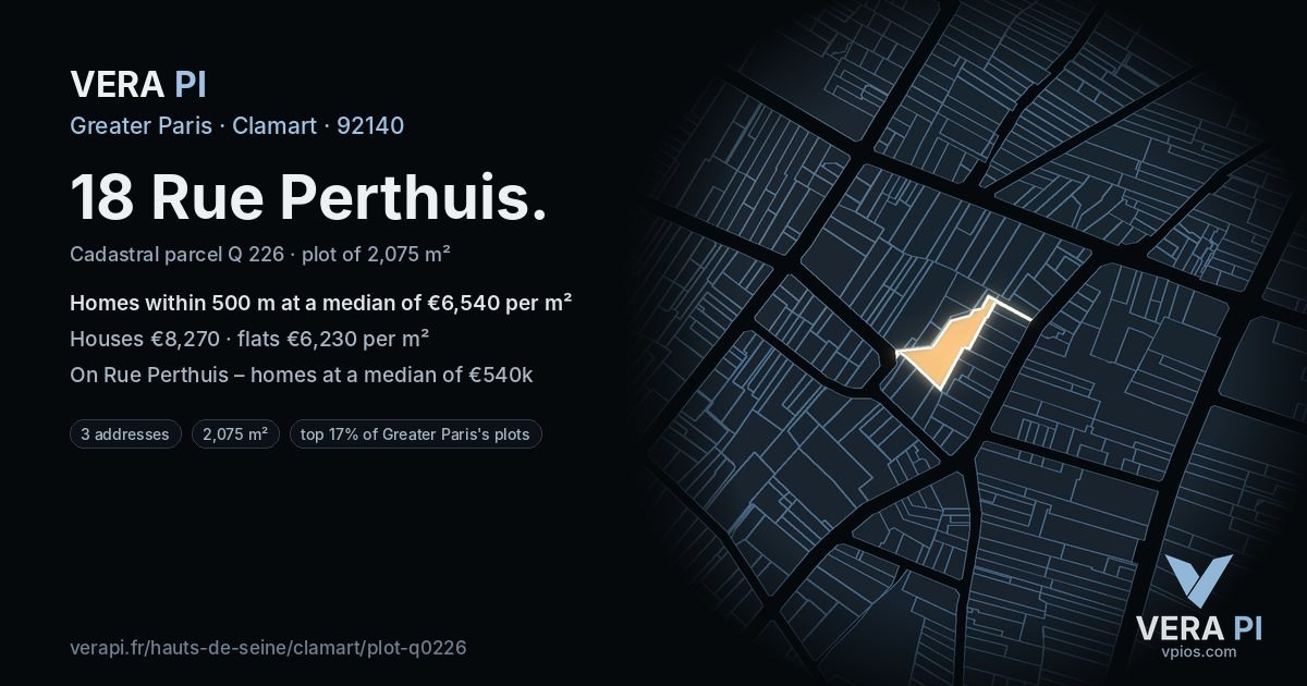 18 Rue Perthuis, Clamart at night – the plot lit, the parcels around coloured by the prices near them