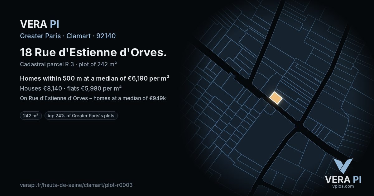 18 Rue d'Estienne d'Orves, Clamart at night – the plot lit, the parcels around coloured by the prices near them