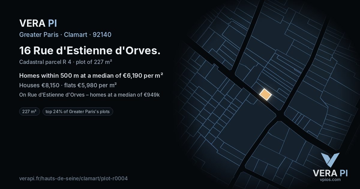 16 Rue d'Estienne d'Orves, Clamart at night – the plot lit, the parcels around coloured by the prices near them