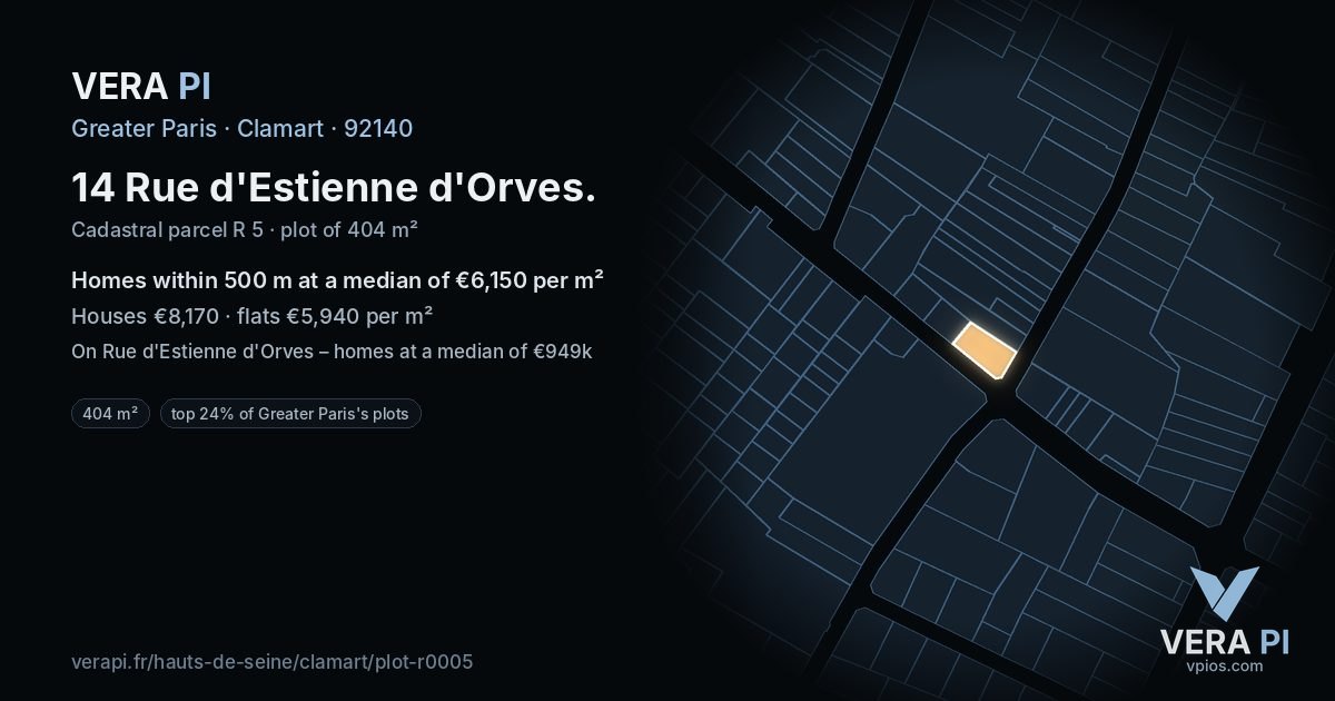 14 Rue d'Estienne d'Orves, Clamart at night – the plot lit, the parcels around coloured by the prices near them