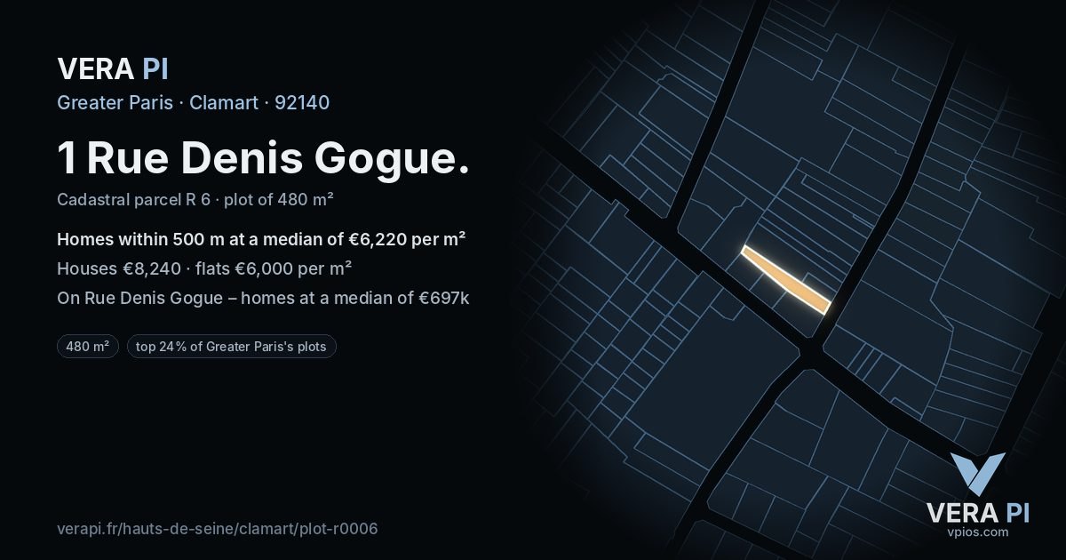 1 Rue Denis Gogue, Clamart at night – the plot lit, the parcels around coloured by the prices near them