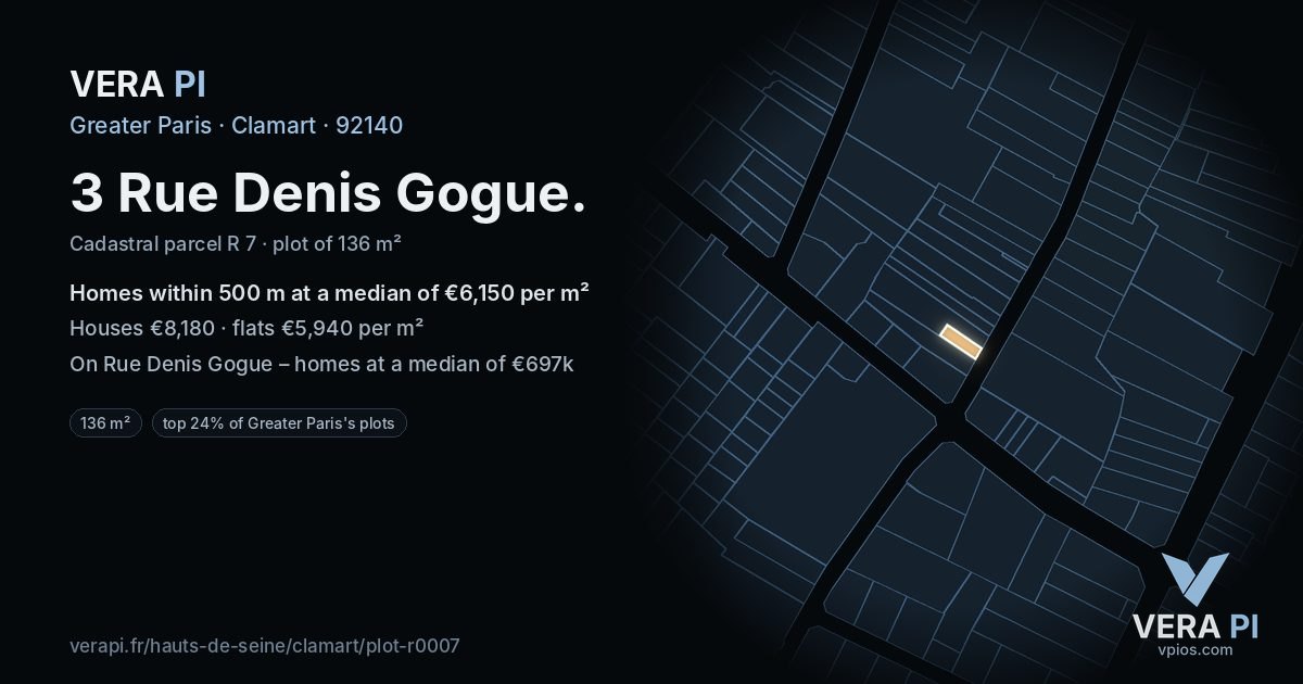 3 Rue Denis Gogue, Clamart at night – the plot lit, the parcels around coloured by the prices near them