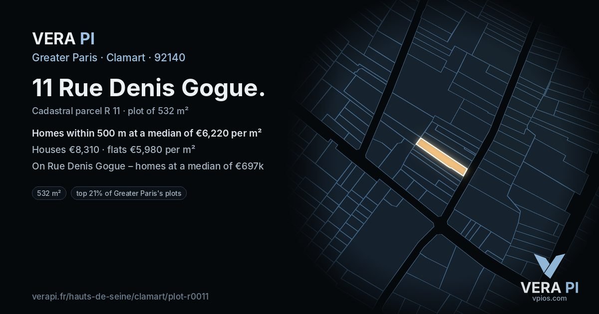 11 Rue Denis Gogue, Clamart at night – the plot lit, the parcels around coloured by the prices near them