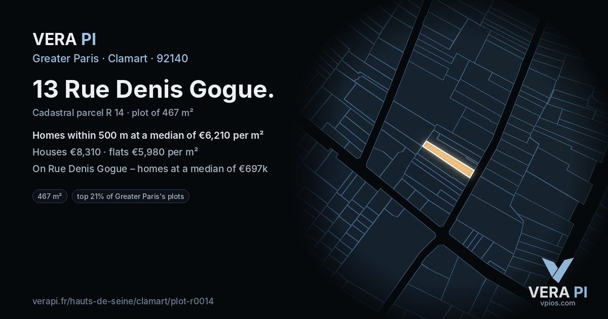 13 Rue Denis Gogue, Clamart at night – the plot lit, the parcels around coloured by the prices near them