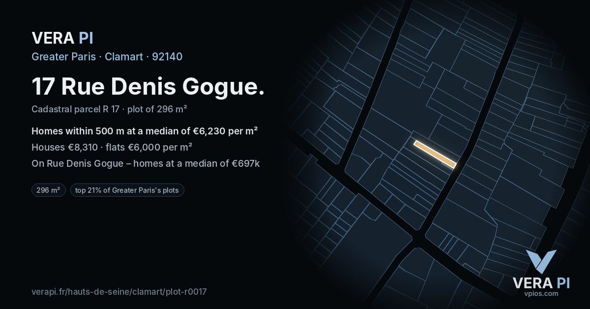 17 Rue Denis Gogue, Clamart at night – the plot lit, the parcels around coloured by the prices near them