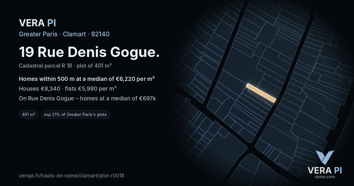 19 Rue Denis Gogue, Clamart at night – the plot lit, the parcels around coloured by the prices near them