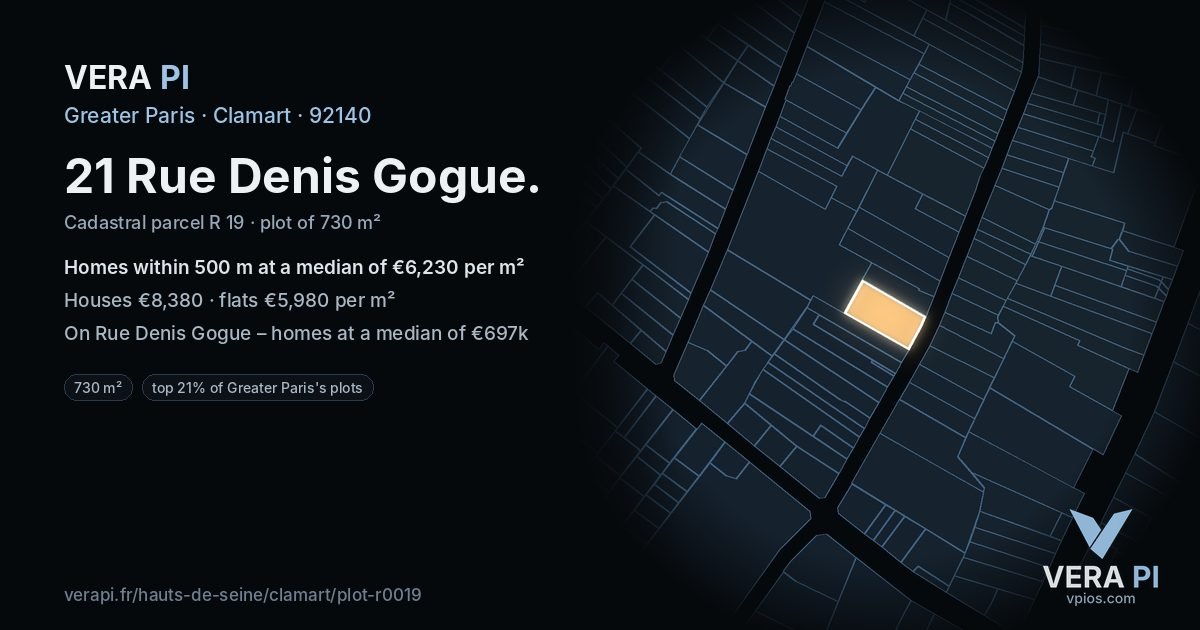 21 Rue Denis Gogue, Clamart at night – the plot lit, the parcels around coloured by the prices near them