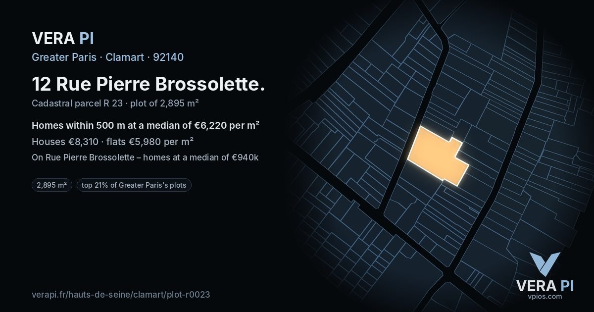 12 Rue Pierre Brossolette, Clamart at night – the plot lit, the parcels around coloured by the prices near them