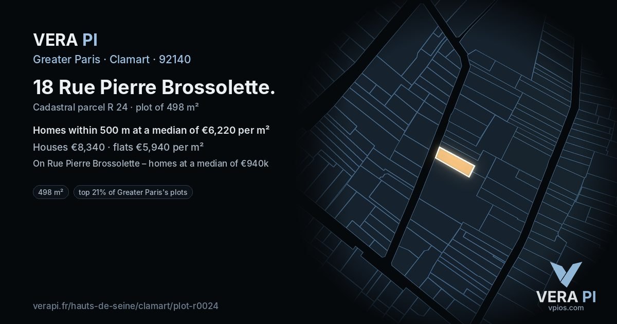 18 Rue Pierre Brossolette, Clamart at night – the plot lit, the parcels around coloured by the prices near them