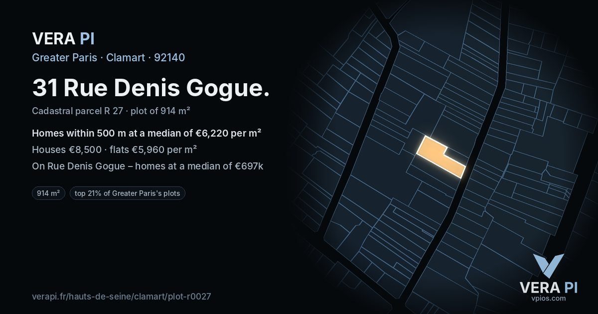 31 Rue Denis Gogue, Clamart at night – the plot lit, the parcels around coloured by the prices near them