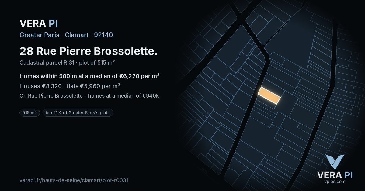 28 Rue Pierre Brossolette, Clamart at night – the plot lit, the parcels around coloured by the prices near them