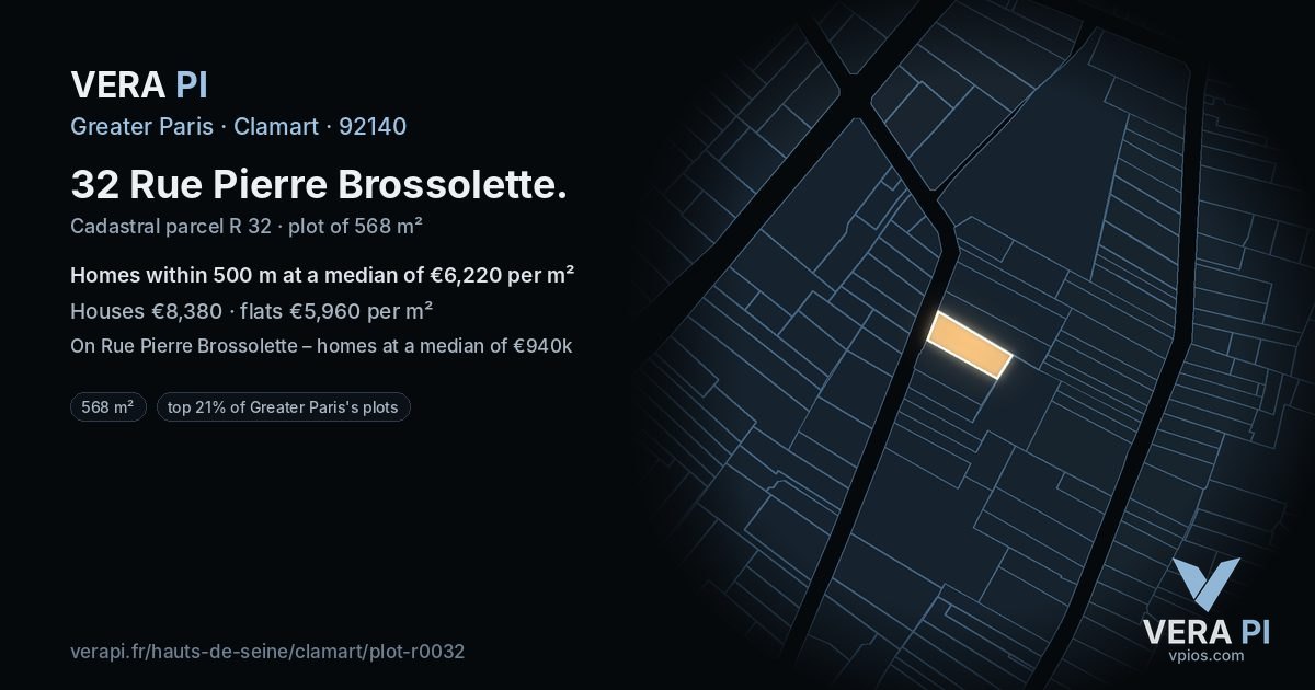 32 Rue Pierre Brossolette, Clamart at night – the plot lit, the parcels around coloured by the prices near them