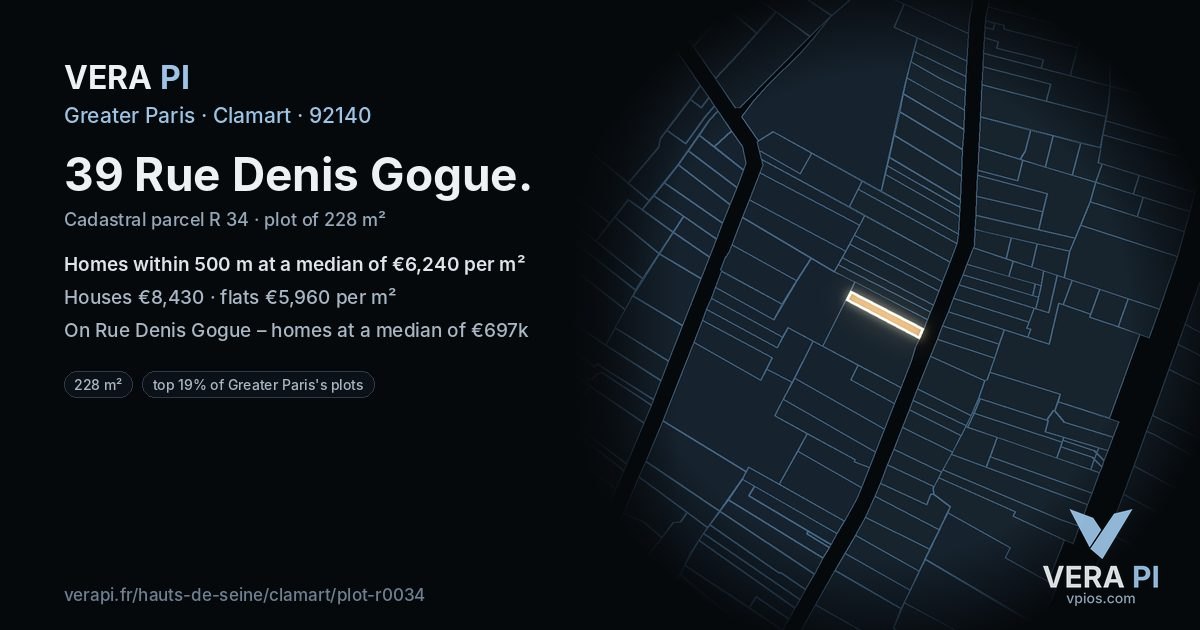 39 Rue Denis Gogue, Clamart at night – the plot lit, the parcels around coloured by the prices near them