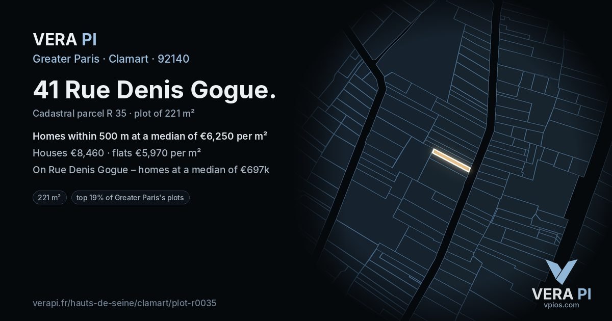 41 Rue Denis Gogue, Clamart at night – the plot lit, the parcels around coloured by the prices near them