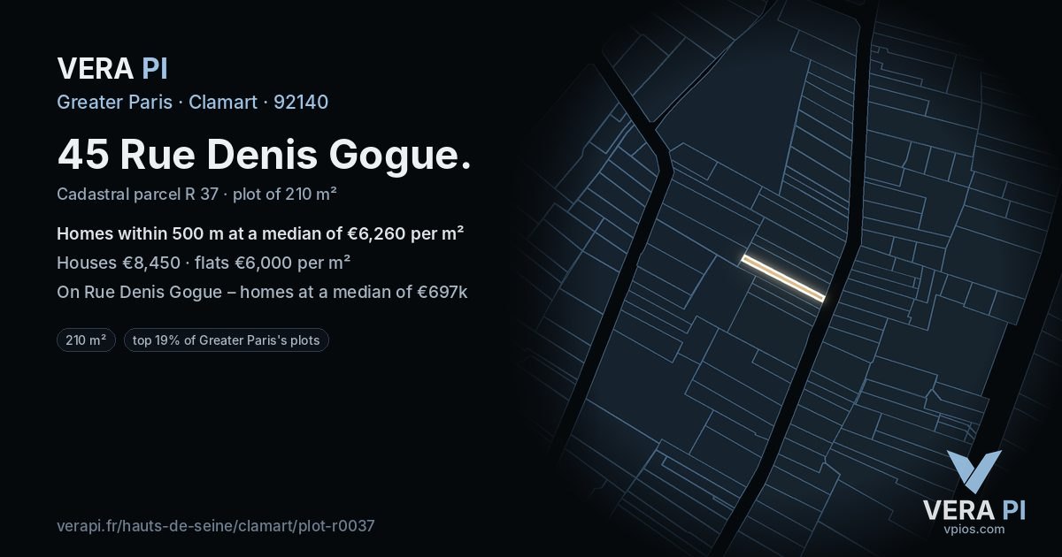 45 Rue Denis Gogue, Clamart at night – the plot lit, the parcels around coloured by the prices near them