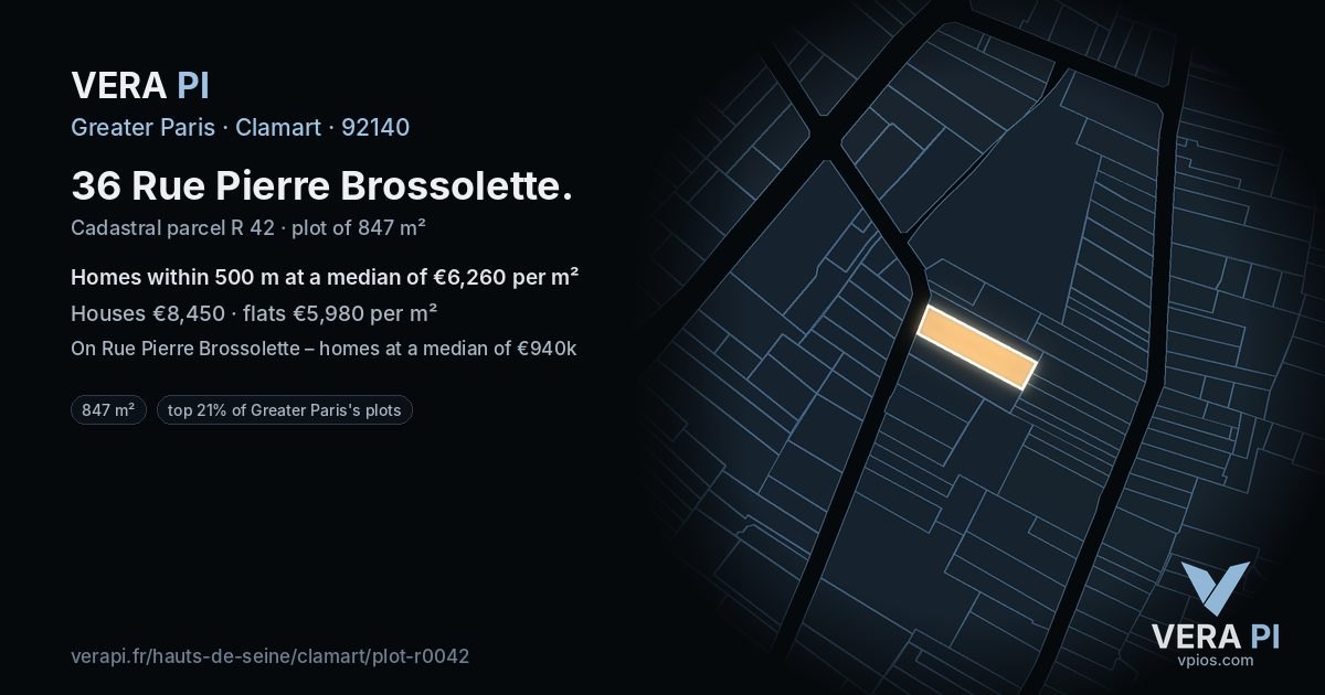 36 Rue Pierre Brossolette, Clamart at night – the plot lit, the parcels around coloured by the prices near them