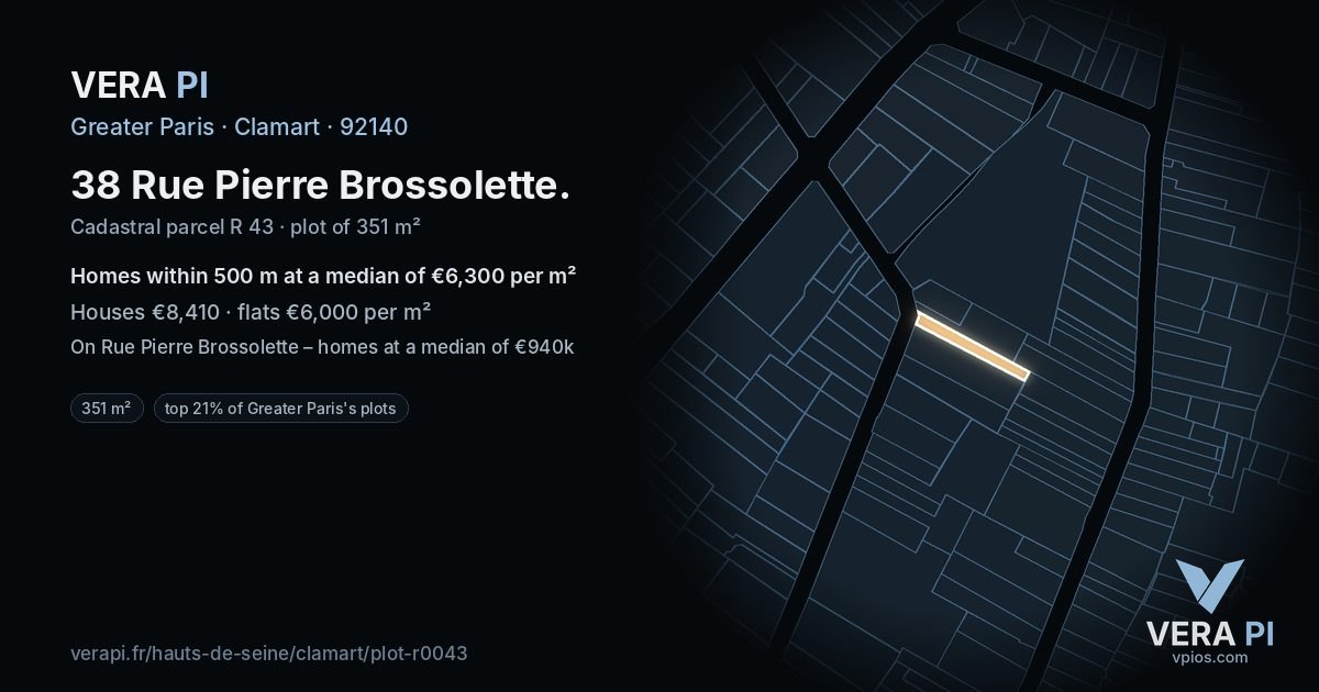 38 Rue Pierre Brossolette, Clamart at night – the plot lit, the parcels around coloured by the prices near them