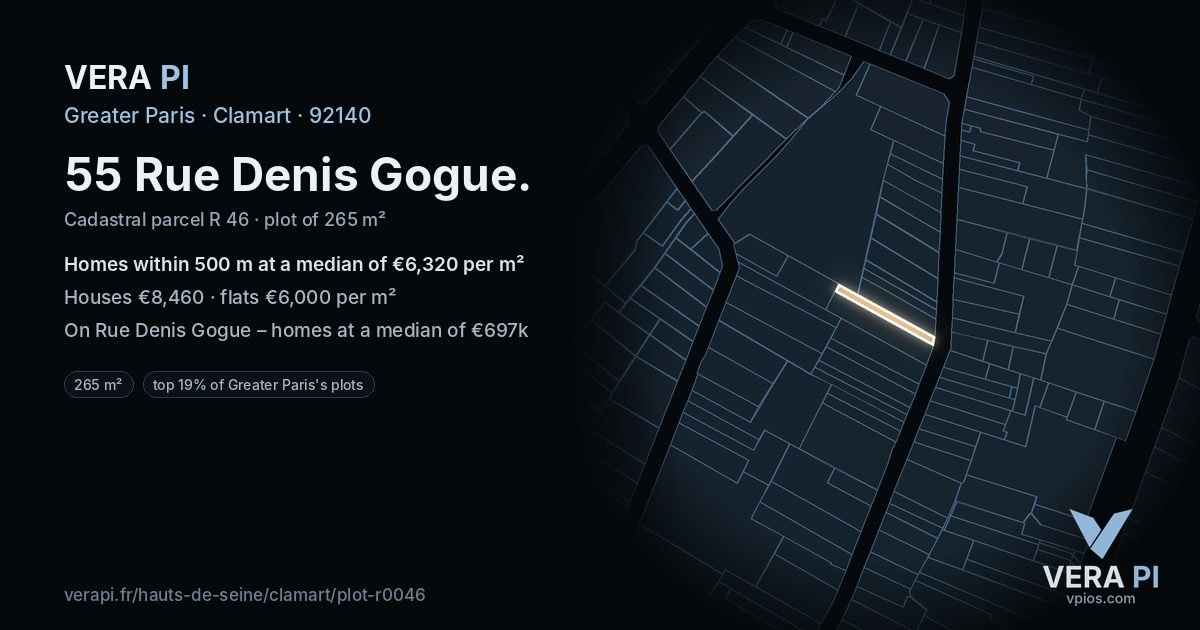 55 Rue Denis Gogue, Clamart at night – the plot lit, the parcels around coloured by the prices near them