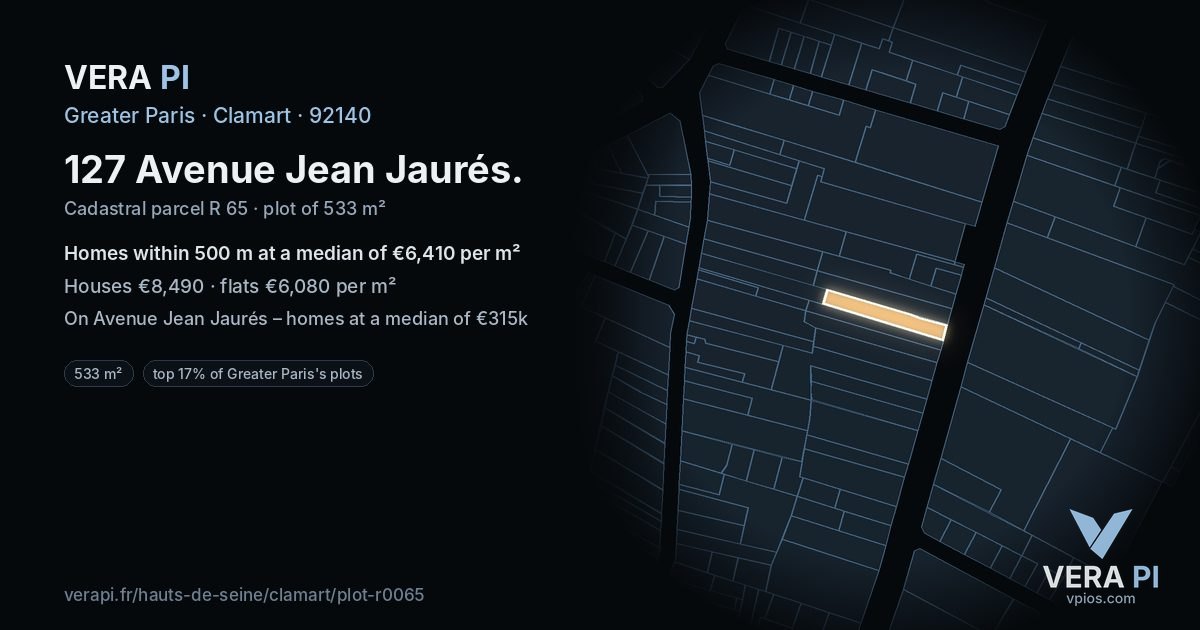 127 Avenue Jean Jaurés, Clamart at night – the plot lit, the parcels around coloured by the prices near them