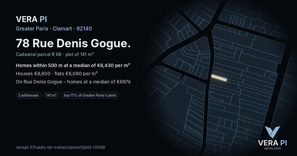 78 Rue Denis Gogue, Clamart at night – the plot lit, the parcels around coloured by the prices near them