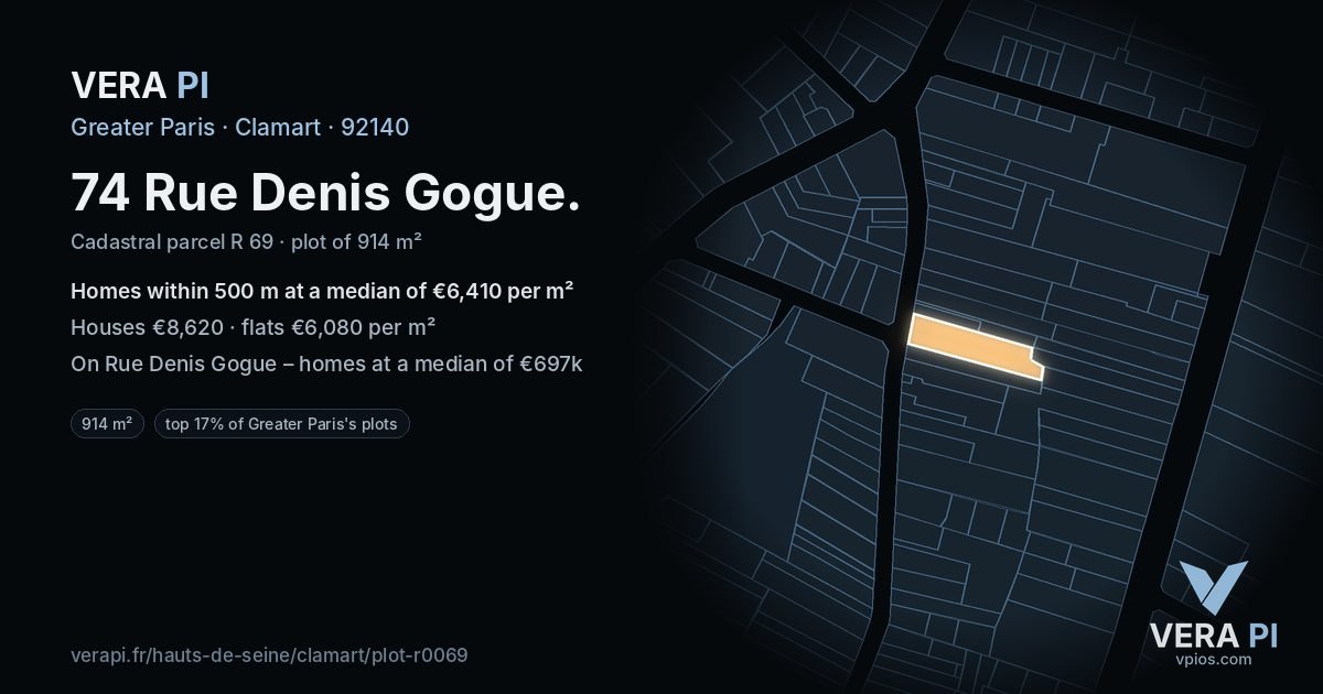 74 Rue Denis Gogue, Clamart at night – the plot lit, the parcels around coloured by the prices near them