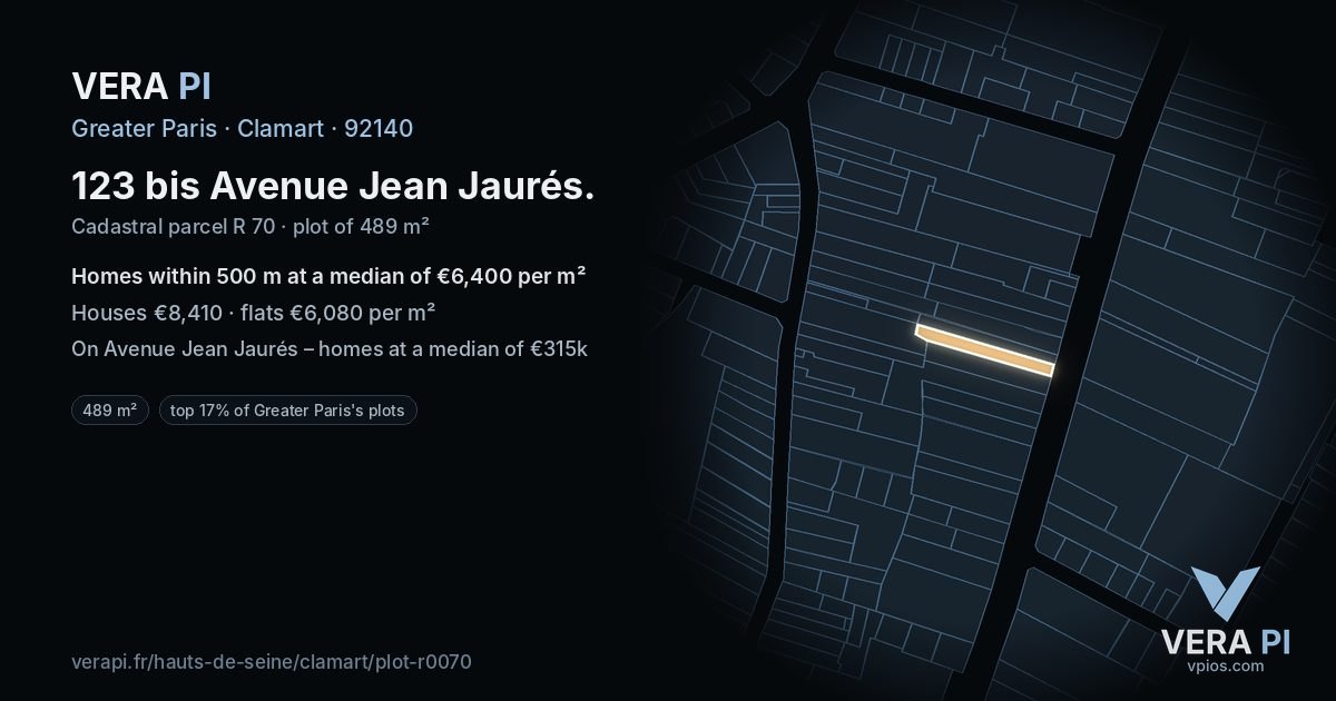 123 bis Avenue Jean Jaurés, Clamart at night – the plot lit, the parcels around coloured by the prices near them