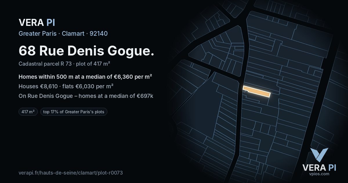 68 Rue Denis Gogue, Clamart at night – the plot lit, the parcels around coloured by the prices near them