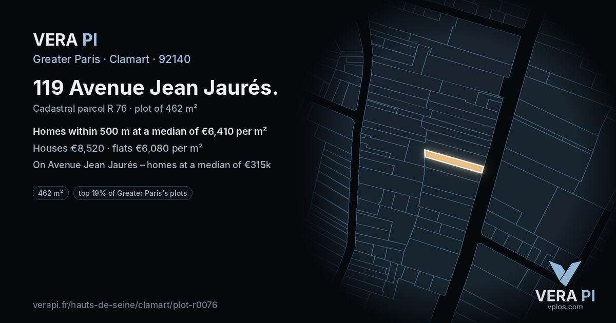 119 Avenue Jean Jaurés, Clamart at night – the plot lit, the parcels around coloured by the prices near them