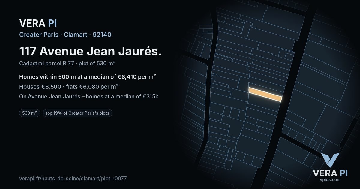 117 Avenue Jean Jaurés, Clamart at night – the plot lit, the parcels around coloured by the prices near them