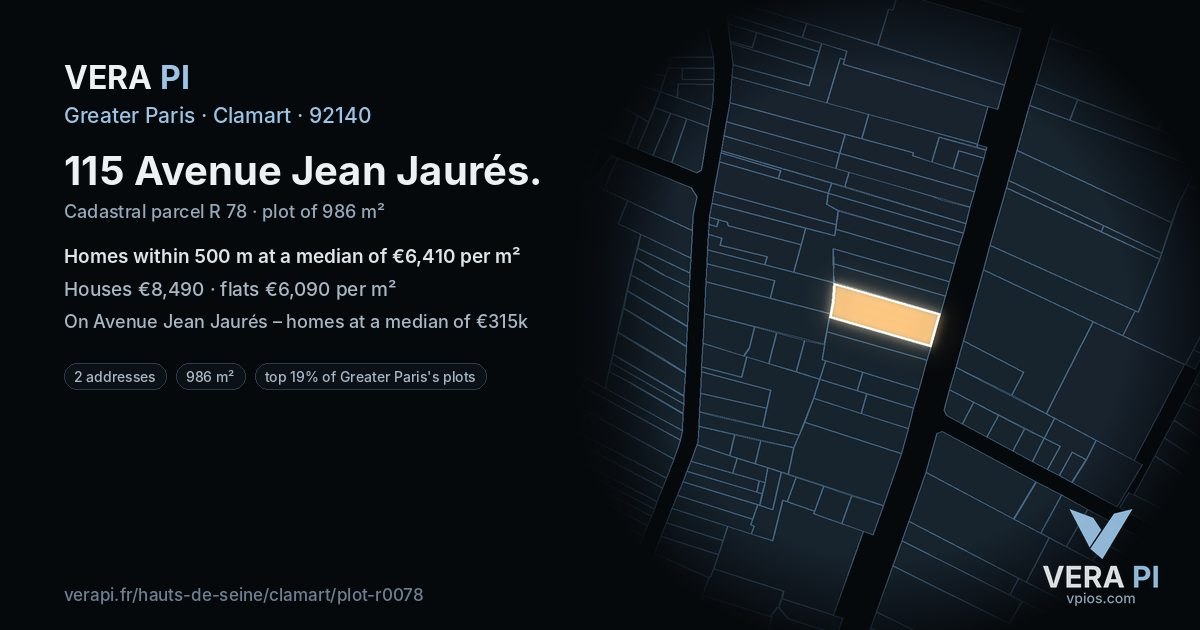 115 Avenue Jean Jaurés, Clamart at night – the plot lit, the parcels around coloured by the prices near them