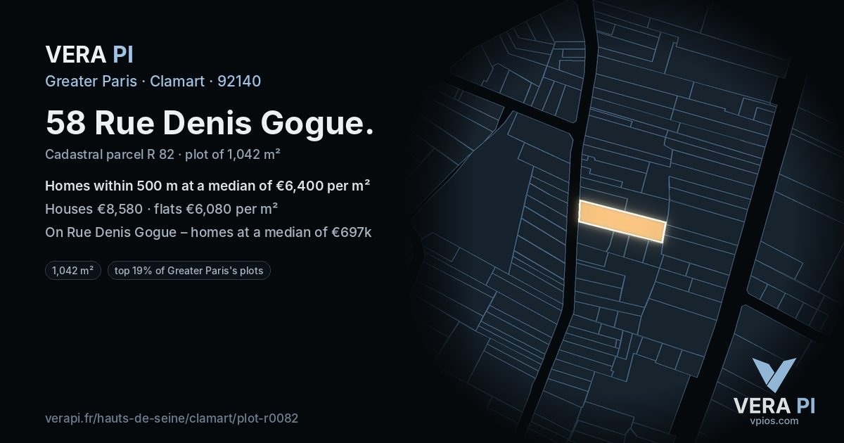 58 Rue Denis Gogue, Clamart at night – the plot lit, the parcels around coloured by the prices near them