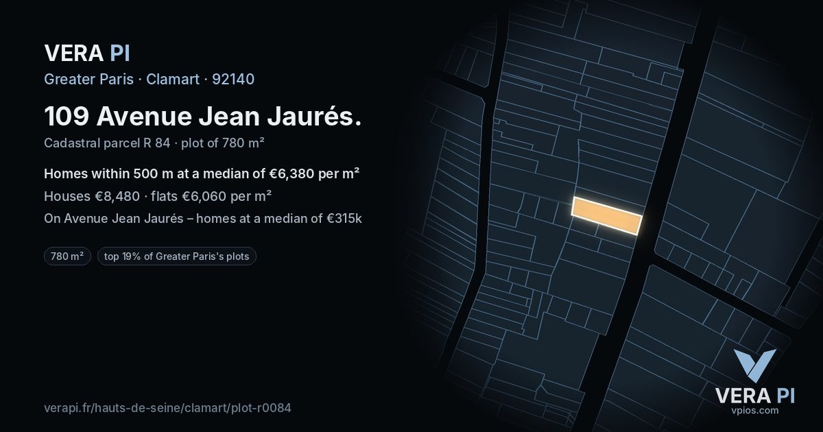 109 Avenue Jean Jaurés, Clamart at night – the plot lit, the parcels around coloured by the prices near them