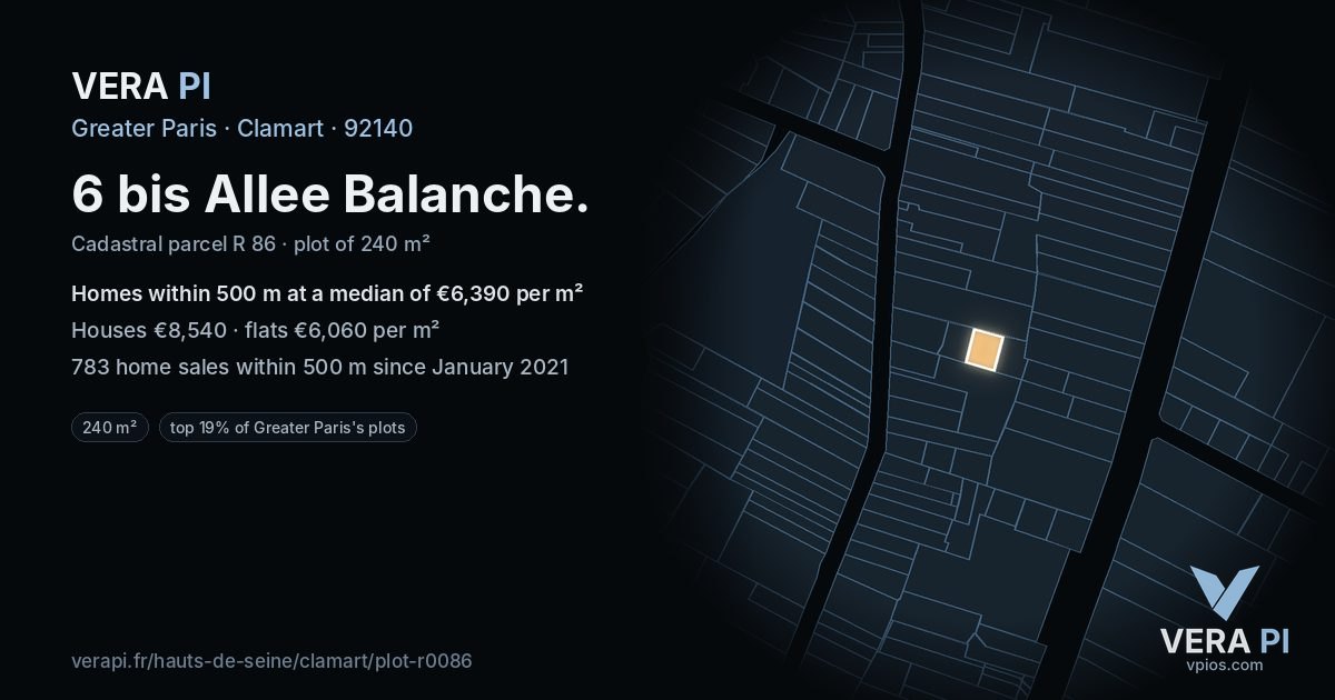 6 bis Allee Balanche, Clamart at night – the plot lit, the parcels around coloured by the prices near them