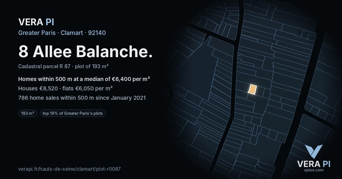 8 Allee Balanche, Clamart at night – the plot lit, the parcels around coloured by the prices near them