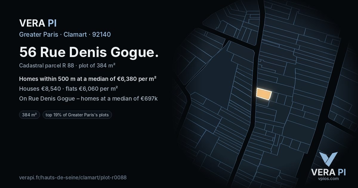 56 Rue Denis Gogue, Clamart at night – the plot lit, the parcels around coloured by the prices near them