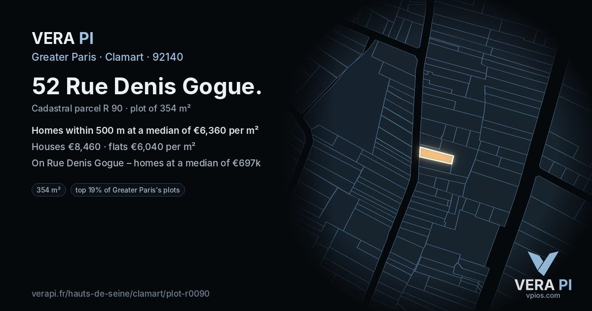 52 Rue Denis Gogue, Clamart at night – the plot lit, the parcels around coloured by the prices near them
