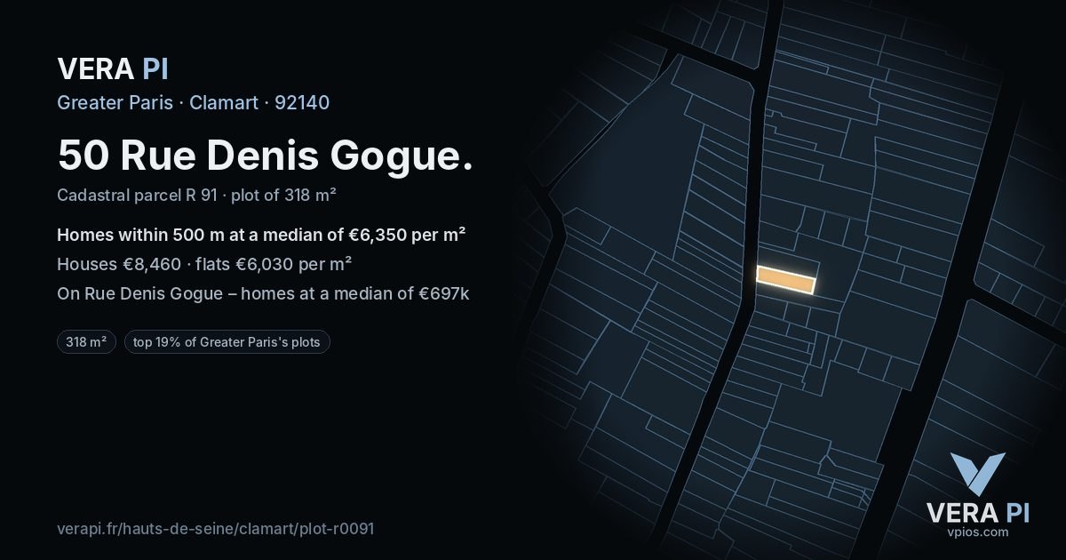 50 Rue Denis Gogue, Clamart at night – the plot lit, the parcels around coloured by the prices near them