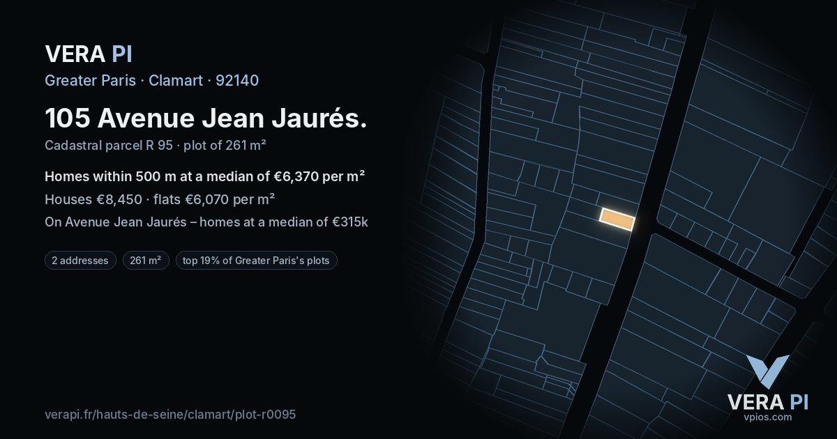 105 Avenue Jean Jaurés, Clamart at night – the plot lit, the parcels around coloured by the prices near them